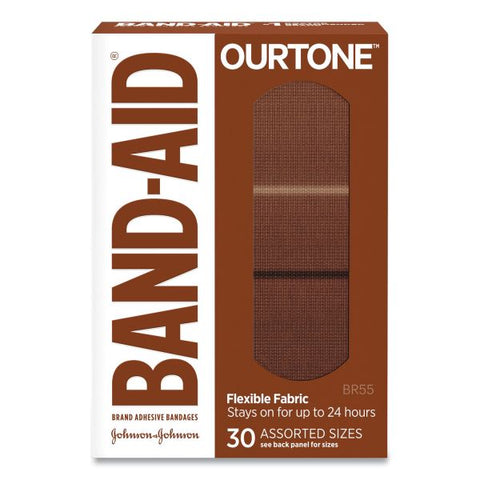 BAND-AID OurTone Adhesive Bandages, BR55, 2.25 x 0.63; 3 x 0.75; 3 x 1, Medium Brown, 30/Pack