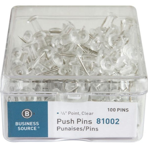 Business Source 1/2" Head Push Pins 0.50" Head - 100 / Box - Clear