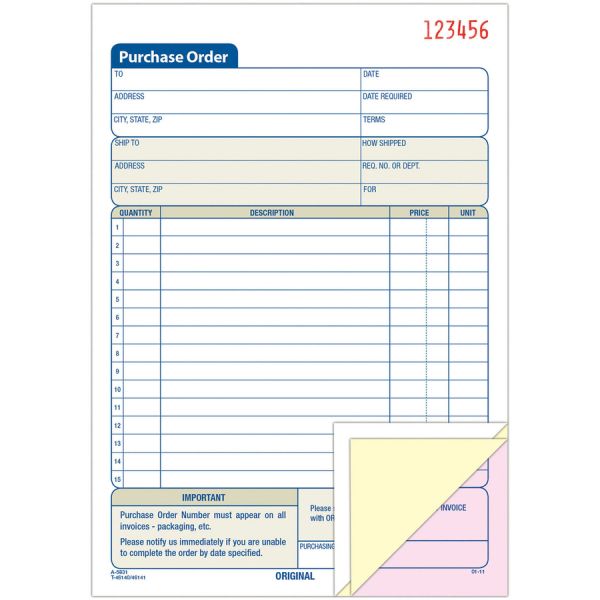 Adams 3-Part Carbonless Purchase Order Forms 3 Part - Yes - 8.43" x 5.56" Sheet Size - 1 / Each