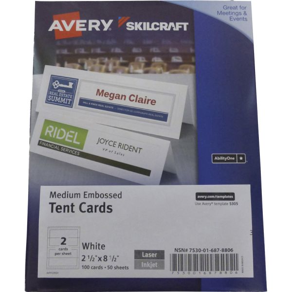 SKILCRAFT Laser, Inkjet Tent Card - White 2 1/2" x 8 1/2" - 100 Card - Embossed, Double-sided, Pre-printed