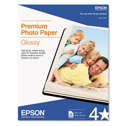 Epson Premium Photo Paper, 10.4 mil, 8.5 x 11, High-Gloss White, 50/Pack