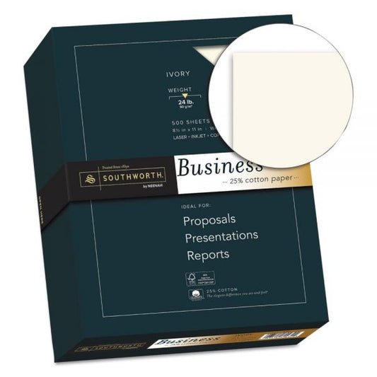 Southworth 25% Cotton Business Paper, 95 Bright, 24 lb Bond Weight, 8.5 x 11, Ivory, 500 Sheets/Ream