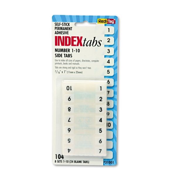 Redi-Tag Legal Index Tabs, Preprinted Numeric: 1 to 10, 1/12-Cut, White, 0.44" Wide, 104/Pack