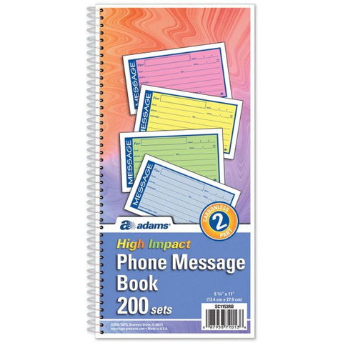 Adams Wirebound Telephone Book with Multicolored Messages, Two-Part Carbonless, 4.75 x 2.75, 4 Forms/Sheet, 200 Forms Total