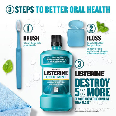 LISTERINE Cool Mint Antiseptic Mouthwash For Bad Breath, Cleaning - Cool Mint - 1.06 quart - 6 / Carton