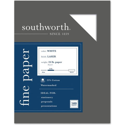 Southworth 25% Cotton Laser Paper, 95 Bright, 24 lb Bond Weight, 8.5 x 11, White, 500/Ream