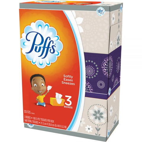 Puffs White Facial Tissue, 2-Ply, White, 180 Sheets/Box, 3 Boxes/Pack, 8 Packs/Carton