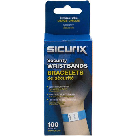 SICURIX Security Wristbands, Sequentially Numbered, 10" x 0.75", Blue, 100/Pack