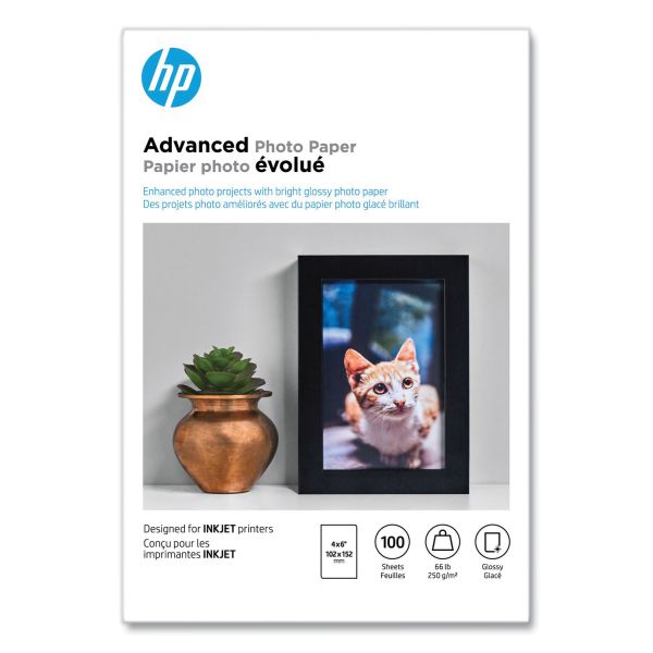 HP Advanced Photo Paper, 10.5 mil, 4 x 6, Glossy White, 100/Pack