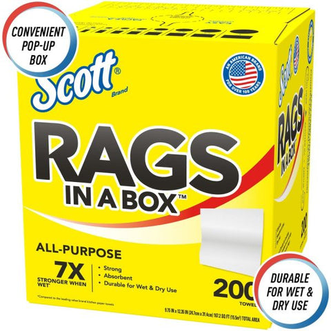 Scott Rags in a Box, POP-UP Box, 12 x 9, White, 200/Box, 8 Boxes/Carton