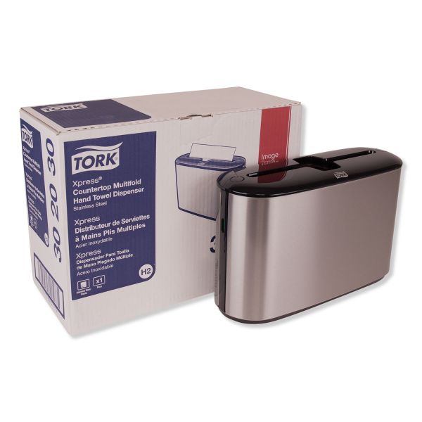 Tork Xpress Countertop Towel Dispenser, 12.68 x 4.56 x 7.92, Stainless Steel/Black Multifold Dispenser - 7.9" Height x 12.7" Width x 4.6" Depth - Plastic, Metal - Stainless - Compact, Lockable - 1