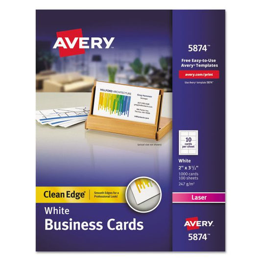 Avery Clean Edge Business Cards, Laser, 2 x 3.5, White, 1,000 Cards, 10 Cards/Sheet, 100 Sheets/Box