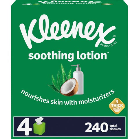 Kleenex Soothing Lotion Tissues 3 Ply - White - Moisturizing, Soft - For Face, Home, Office, Business, Skin - 60 Per Box - 4 / Pack