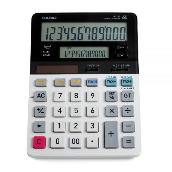 Casio DV-220 Dual-Display Desktop Calculator Dual Display, Key Rollover, Large LCD, Double Zero, Dual Power, Battery Backup, Auto Power Off - Battery/Solar Powered - 1.4" x 5.3" x 7.4" x 10.2" - White - 1 Each