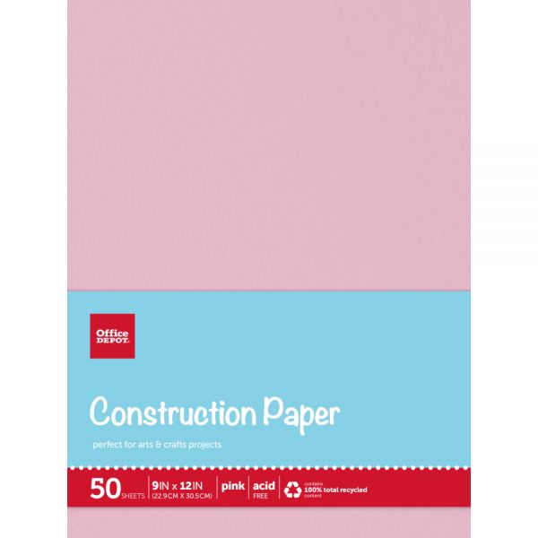 Construction Paper, 9" x 12", 100% Recycled, Pink, Pack Of 50 Sheets