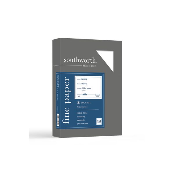 Southworth 100% Cotton Business Paper, 95 Bright, 32 lb Bond Weight, 8.5 x 11, White, 250/Pack