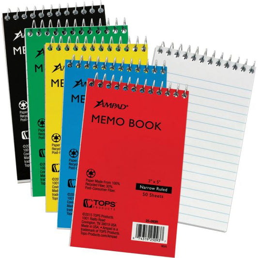 Ampad Memo Books 3" x 5" Size - Ruled - Wire Binding - White Paper - Assorted Cover Colors - 50 Sheets/ Pad - 5 Pads