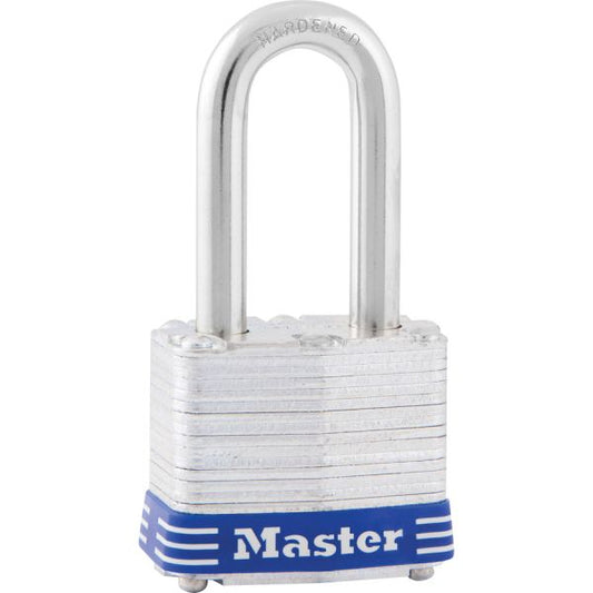 Master Lock Four-Pin Long Shackle Padlock 1.6" Body - Steel - Blue, Silver - (2) Keys