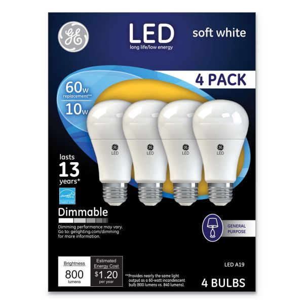 GE LED Soft White A19 Dimmable Light Bulb, 10W, 4/Pack