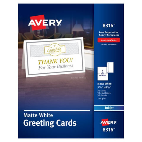 Avery Half-Fold Greeting Cards with Matching Envelopes, Inkjet, 85 lb, 5.5 x 8.5, Matte White, 1 Card/Sheet, 30 Sheets/Box