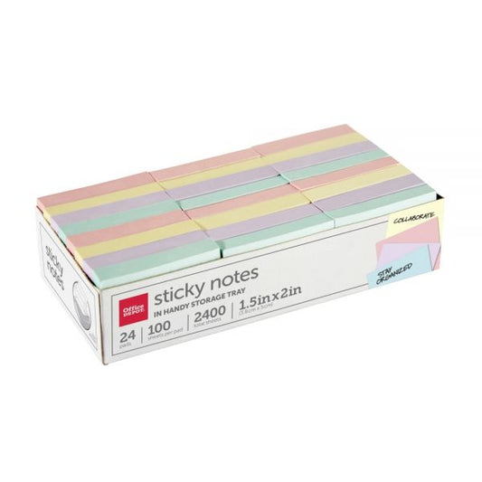 Sticky Notes, With Storage Tray, 1-1/2" x 2", Assorted Pastel Colors, 100 Sheets Per Pad, Pack Of 24 Pads