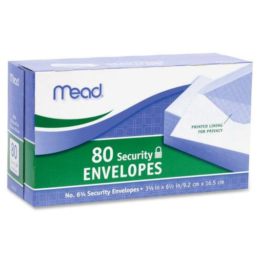 Mead Security Envelopes, #6 3/4 (6.50" x 3.63"), Gummed Seal, 80 Envelopes/Box #6 3/4 (6.50" x 3.63") - Gummed Seal - 80 Envelopes/ Box