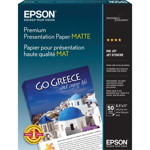 Epson Premium Matte Presentation Paper, 9 mil, 8.5 x 11, Matte Bright White, 50/Pack