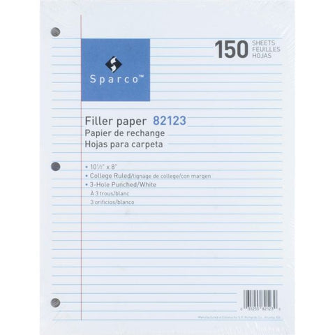 Sparco College Ruled Loose Leaf Paper 8" x 10.50" - College Ruled - 16 lb Paper Weight - 3-Hole Punched - White - 150 Sheets/ Pack - 12 Packs/ Bundle