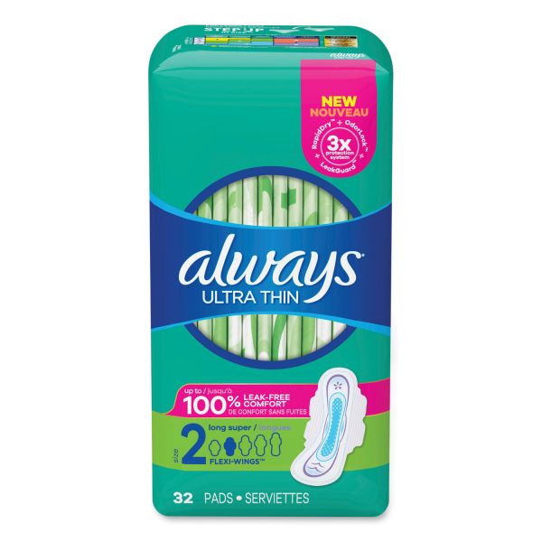 Always Ultra Thin Pads with Wings, Size 2, Long, Super Absorbent, 32/Pack, 3 Packs/Carton