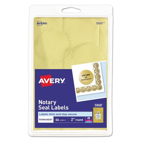 Avery Printable Gold Foil Seals, 2" dia, Gold, 4/Sheet, 11 Sheets/Pack, (5868)