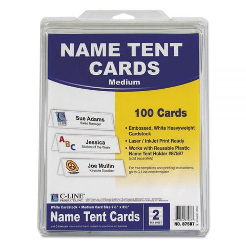 C-Line Embossed Tent Cards, White, 2.5 x 8.5, 2 Cards/Sheet, 50 Sheets/Box