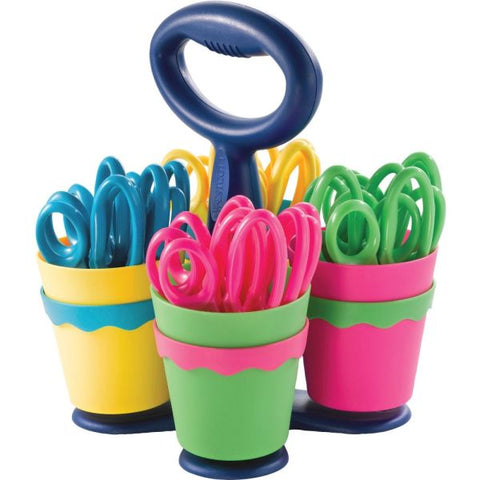 Westcott Scissor Caddy with Kids' Scissors, 5" Long, 2" Cut Length, Light Blue; Light Green; Pink; Red, Straight Handles, 24/Set