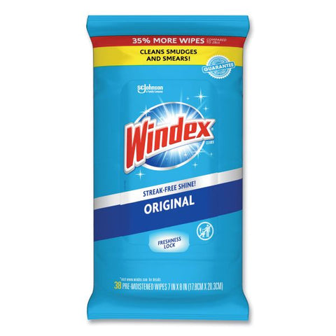 Windex Glass and Surface Wet Wipe, Cloth, 7 x 8, Unscented, 38/Pack