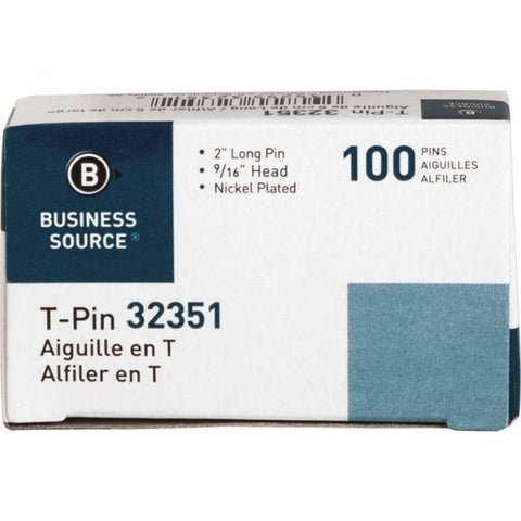 Business Source High Quality Steel T-pins 0.56" Head - 2" Length x 0.6" Width - 100 / Box - Silver - Steel