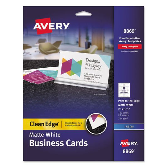 Avery Print-to-the-Edge True Print Business Cards, Inkjet, 2 x 3.5, White, 160 Cards, 8 Cards Sheet, 20 Sheets/Pack