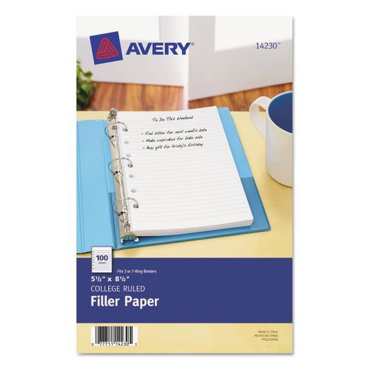 Avery Mini Size Binder Filler Paper, 7-Hole Side Punched, 5.5 x 8.5, College Rule, 100/Pack