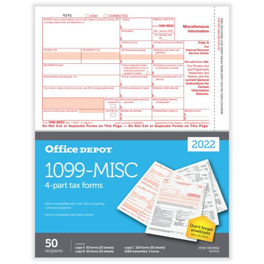 1099-MISC Laser Tax Forms, 4-Part, 2-Up, 8-1/2" x 11", Pack Of 50 Forms