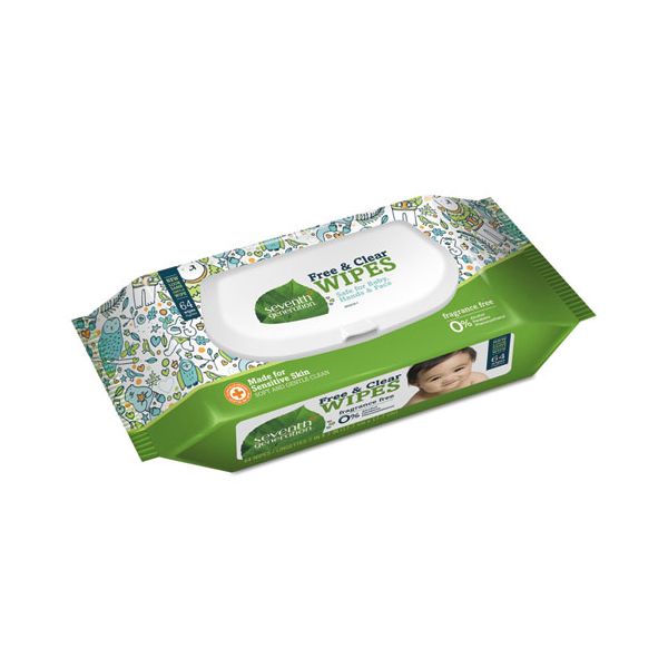 Seventh Generation Free and Clear Baby Wipes, 7 x 7, Unscented, White, 64/Flip-Top Pack