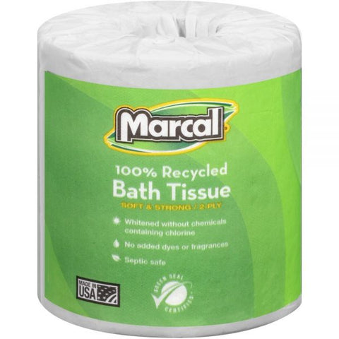 Marcal 100% Recycled Toilet Paper, 2-Ply, White, 4x4 Sheet, 336 Sheets/Roll, 48 Rolls/Carton