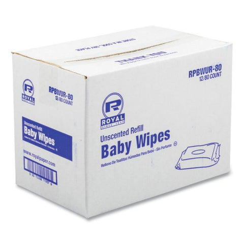 AmerCareRoyal Baby Wipes Refill Pack, 8 x 7, White, 80/Pack, 12 Packs/Carton