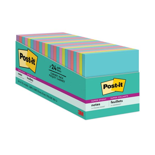 Post-it Notes Super Sticky Pads in Supernova Neon Collection Colors, Cabinet Pack, 3" x 3", 70 Sheets/Pad, 24 Pads/Pack