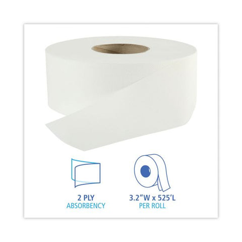 Boardwalk Jumbo Roll Toilet Paper, 2-Ply, White, 3.2" x 525 ft, 12 Rolls/Carton