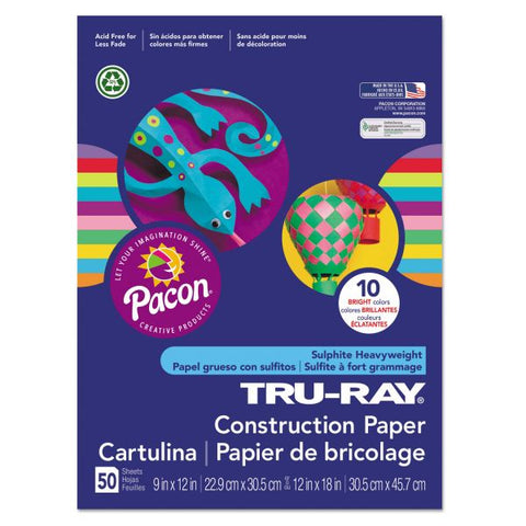 Pacon Tru-Ray Construction Paper, 76 lb Text Weight, 9 x 12, Assorted Bright Colors, 50/Pack