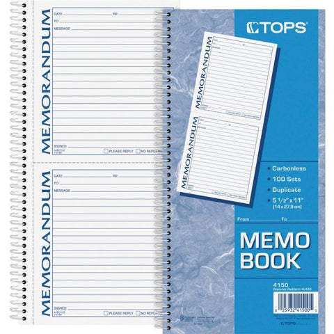 TOPS Memorandum Book, Two-Part Carbonless, 5.5 x 5, 2 Forms/Sheet, 100 Forms Total