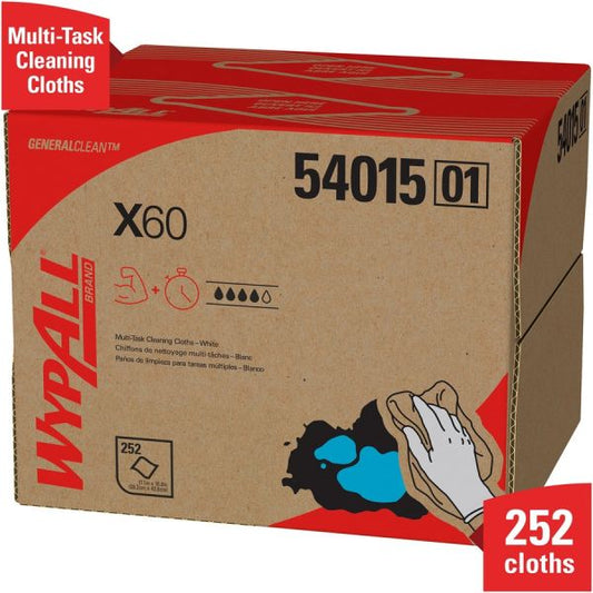 WypAll General Clean X60 Cloths, 12.5 x 16.8, White, 252/Carton 11.10" x 16.80" - White - Cloth - Absorbent - 252 Per Box - 1 / Carton