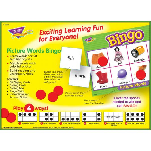 Trend Picture Words Bingo Game Educational - 3 to 36 Players - 1 Each