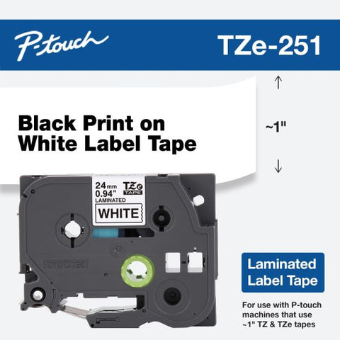 Brother P-Touch TZe Standard Adhesive Laminated Labeling Tape, 0.94" x 26.2 ft, Black on White