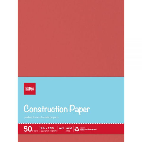 Construction Paper, 9" x 12", 100% Recycled, Red, Pack Of 50 Sheets