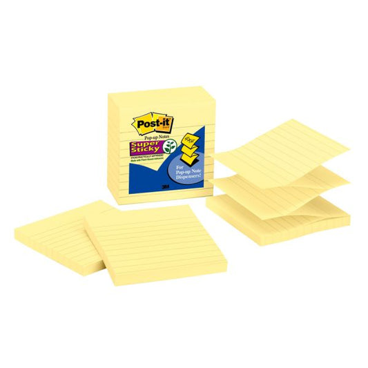 Post-it Ruled/Lined Super Sticky Pop-Up Notes 4" x 4" - Canary Yellow - 90 Sheets/ Pad - 5 Pads/ Pack