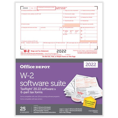 W-2 Laser Tax Forms With Software, 6-Part, 2-Up, 8-1/2" x 11", Pack Of 25 Form Sets